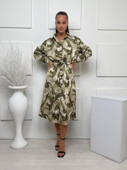 שמלה סאטן דפוס כפתורים 